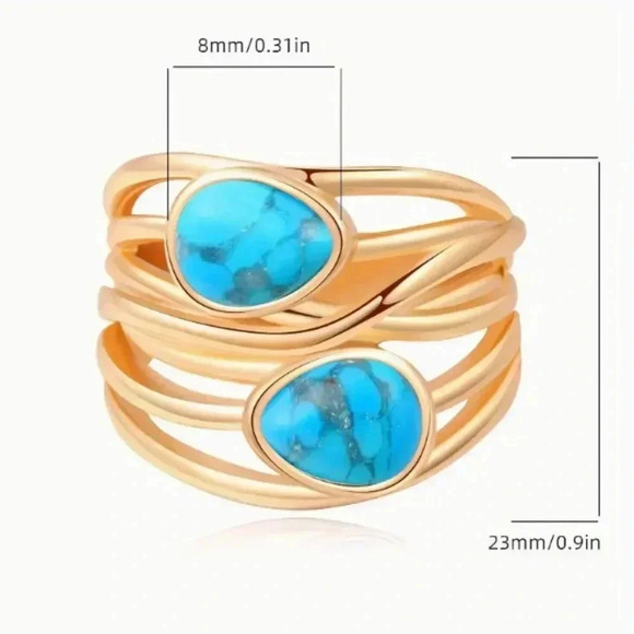 Gold Plated Tone Artisan Looking ring with Turquoise howlite stones - NEW - Picture 2 of 2